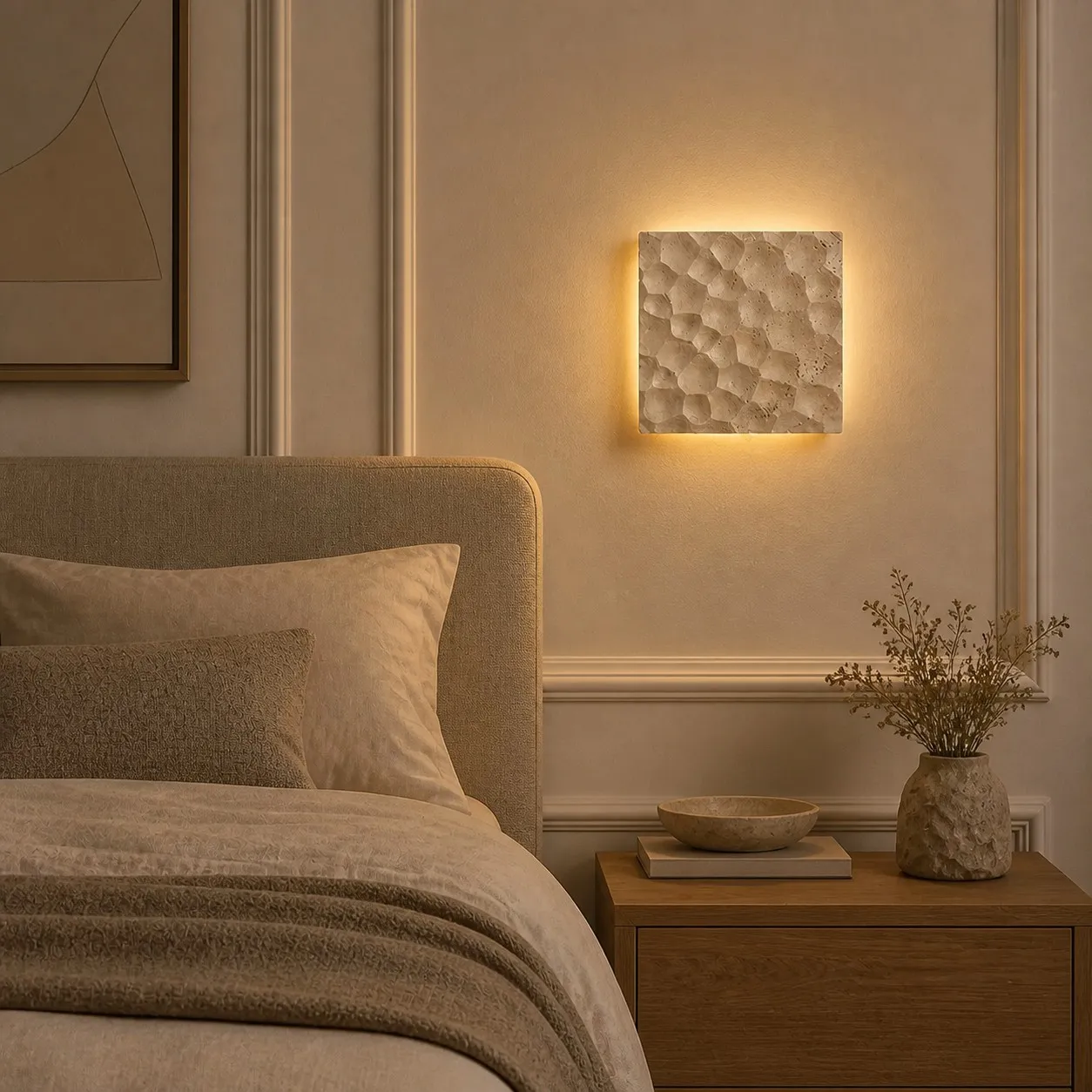 Ivory carved travertine wall sconce bedside warm glow in bedroom