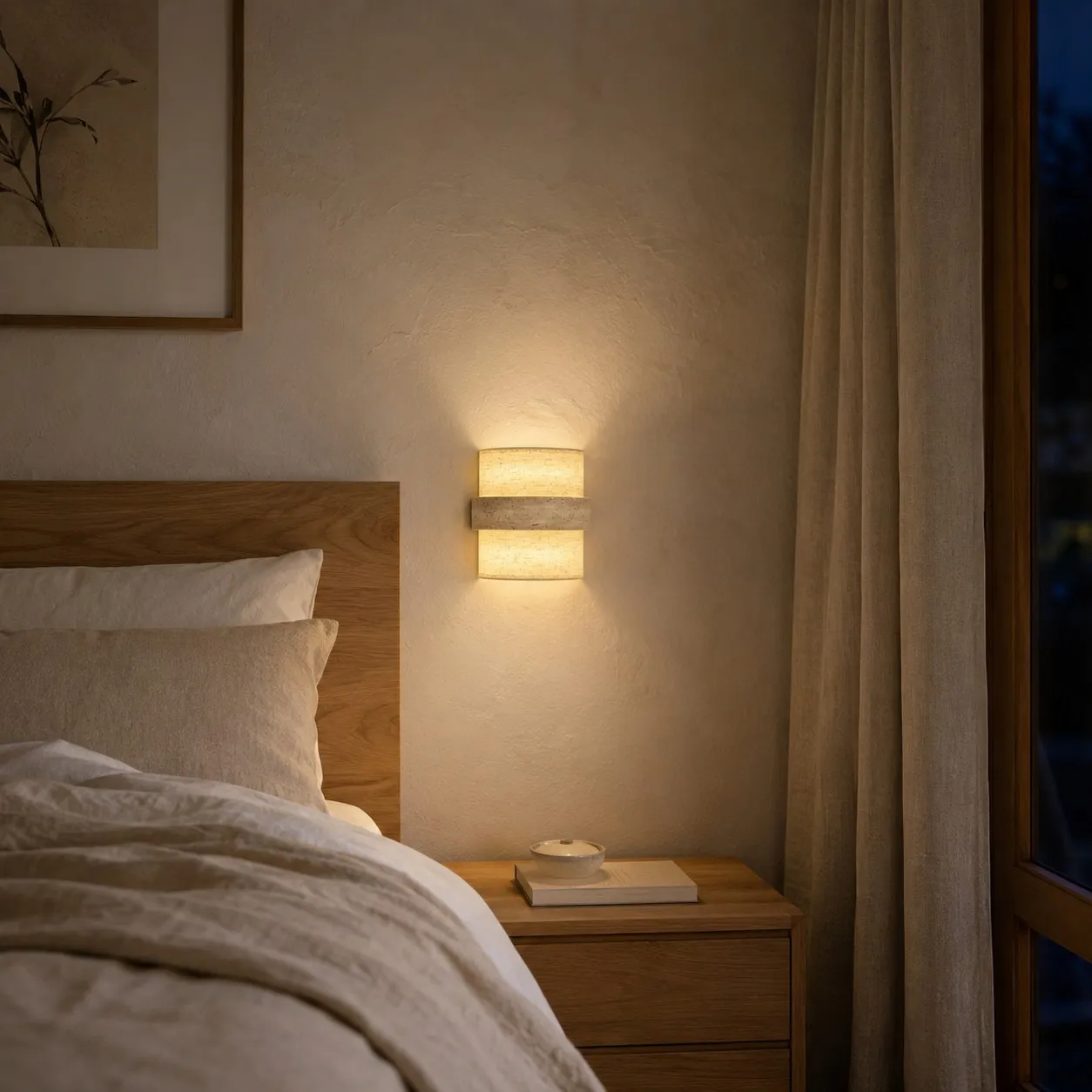 Bedside travertine fabric wall lamp in a calm bedroom