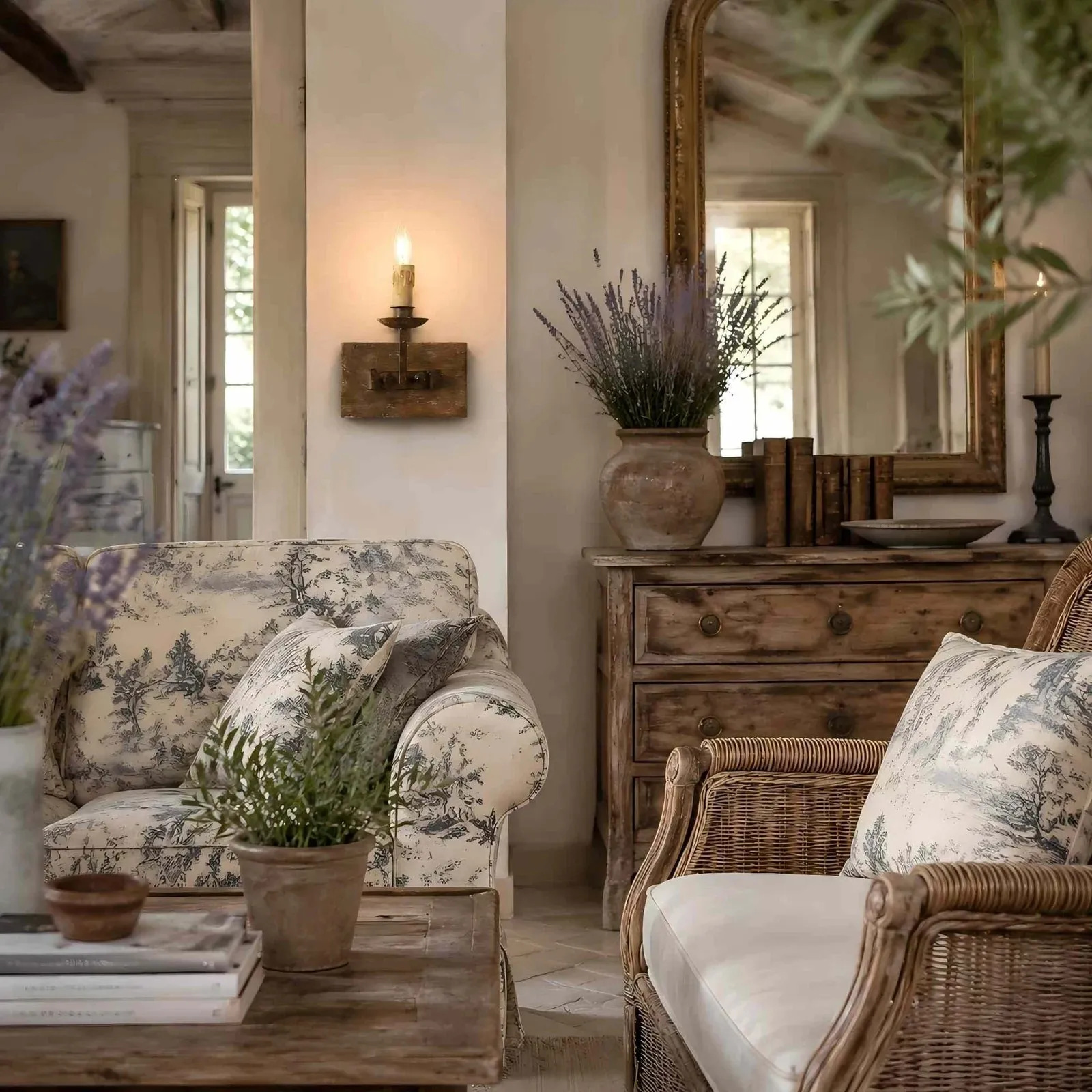 Single rustic candle wall light adding warm ambience in a country style room