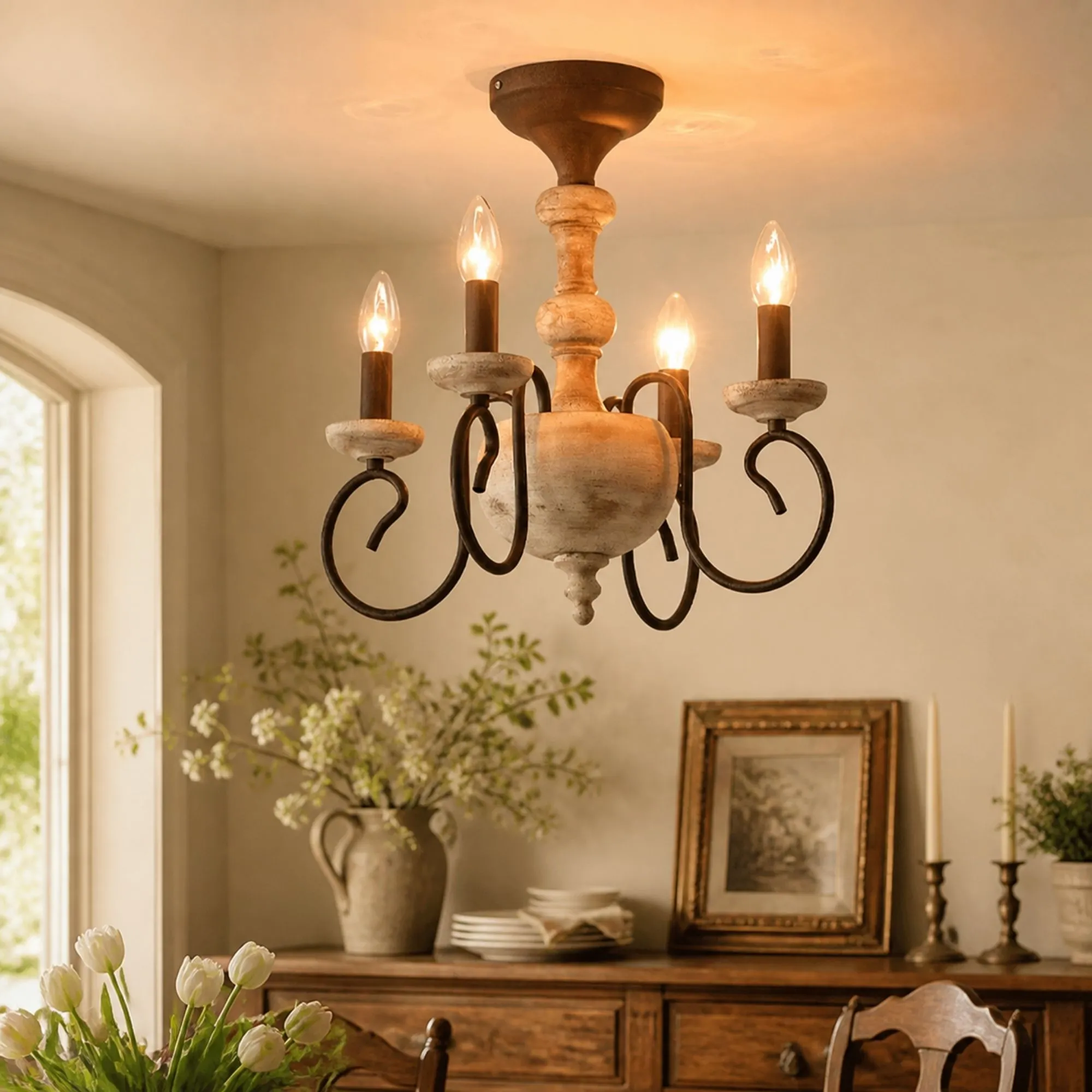 warm ambient room scene with rustic chandelier