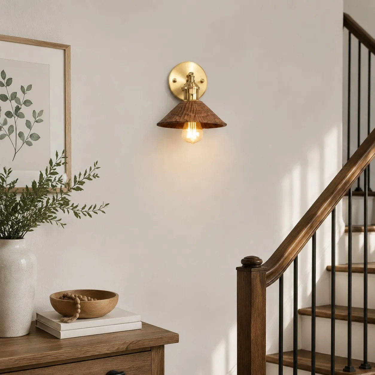 Compact wood and brass wall sconce beside a staircase