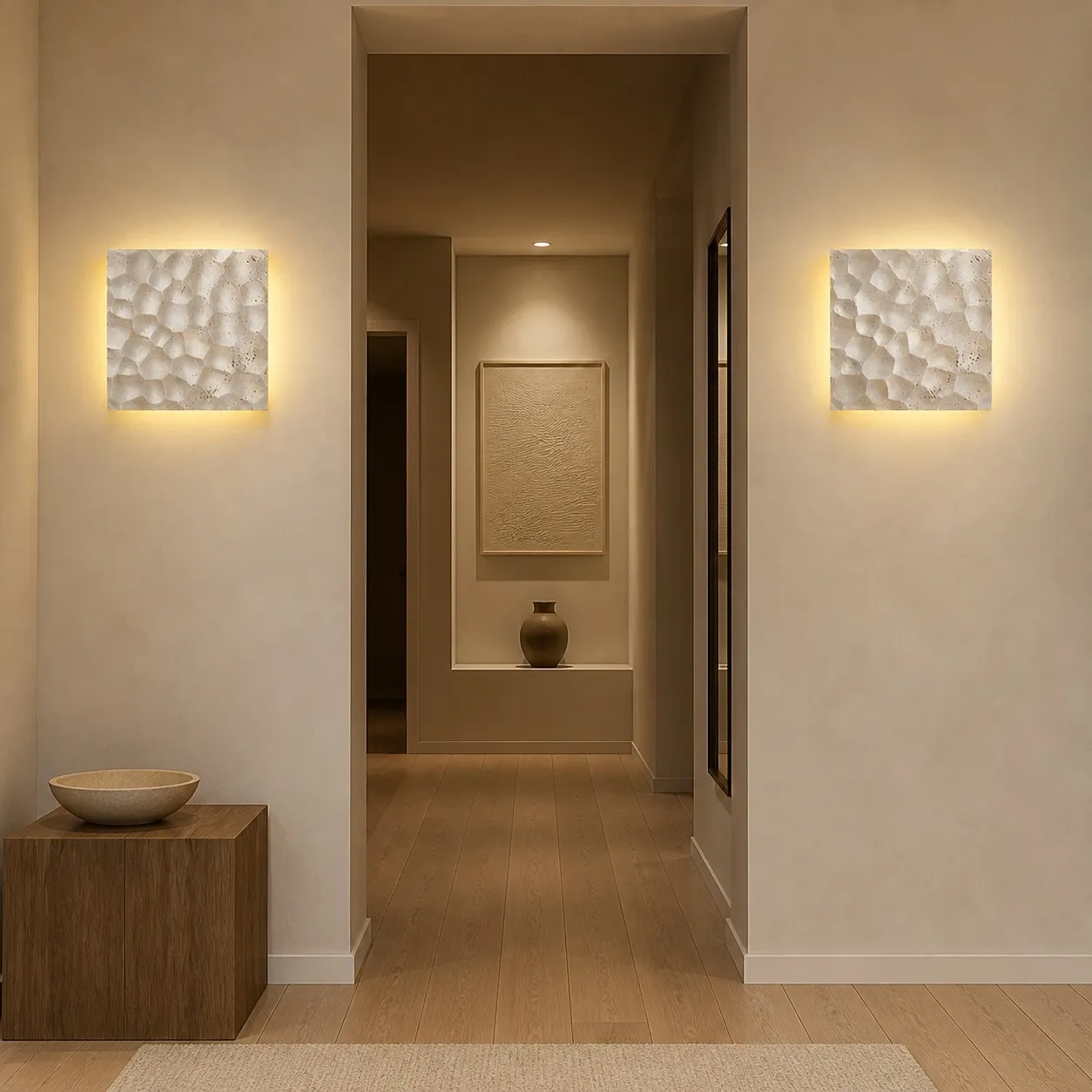 Pair of ivory carved travertine wall sconces flanking a hallway doorway