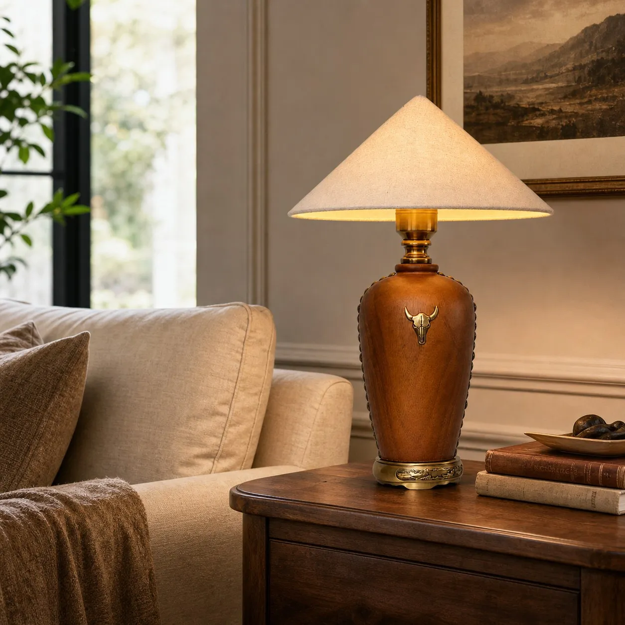Off-white shade wood table lamp beside a sofa