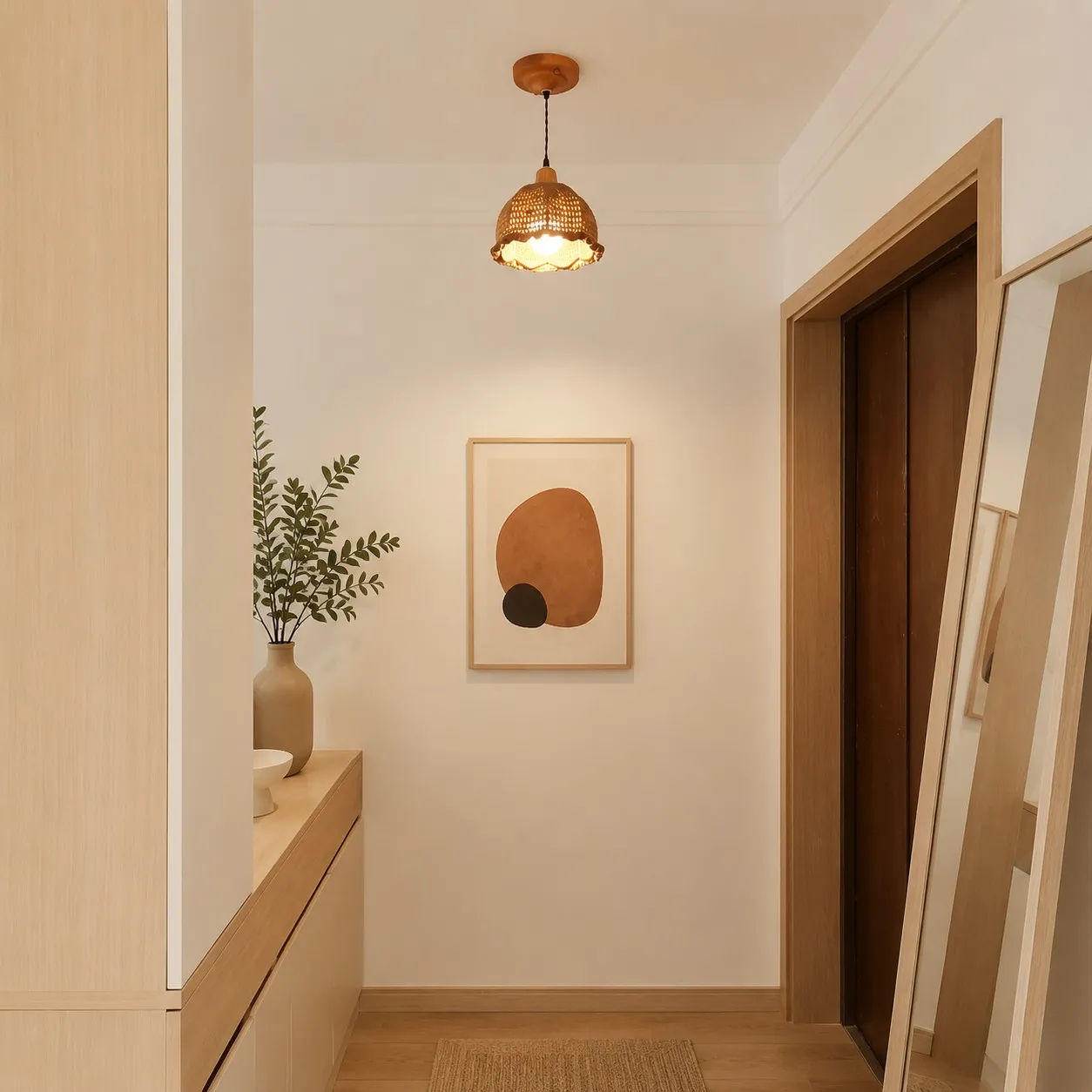 Retro woven pendant light in a wood toned hallway