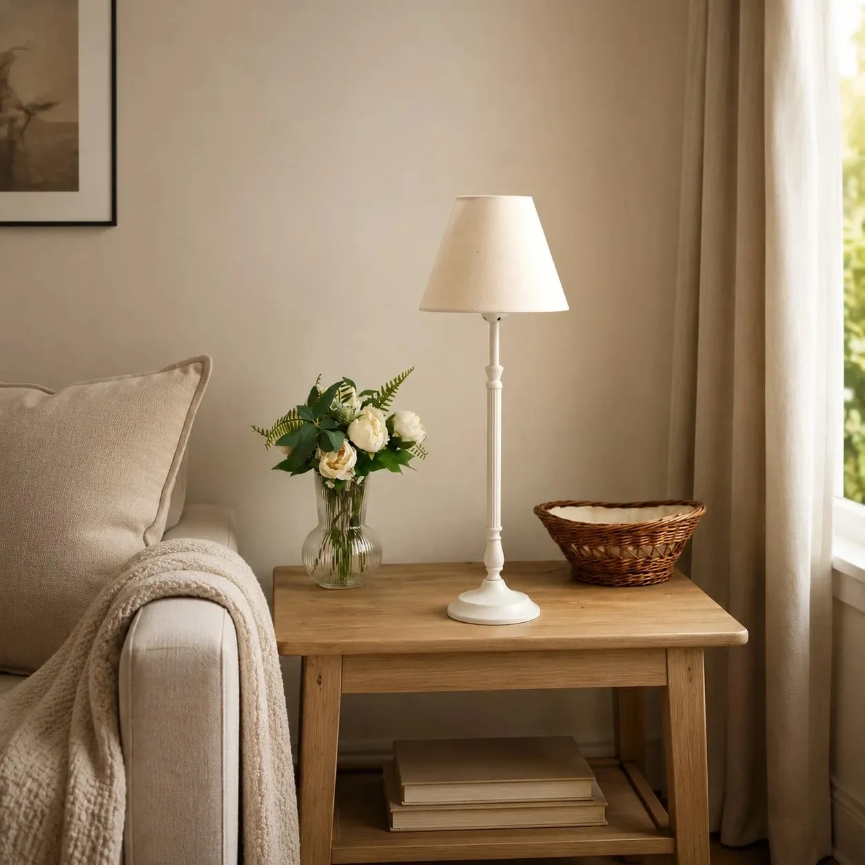 Ivory French country table lamp on a bedside table