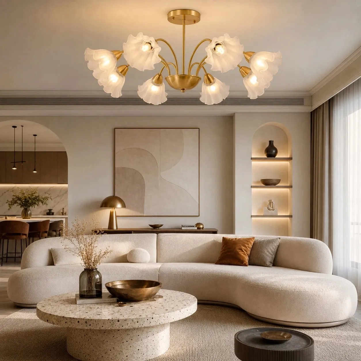 Eight-arm floral glass chandelier in a warm modern living room