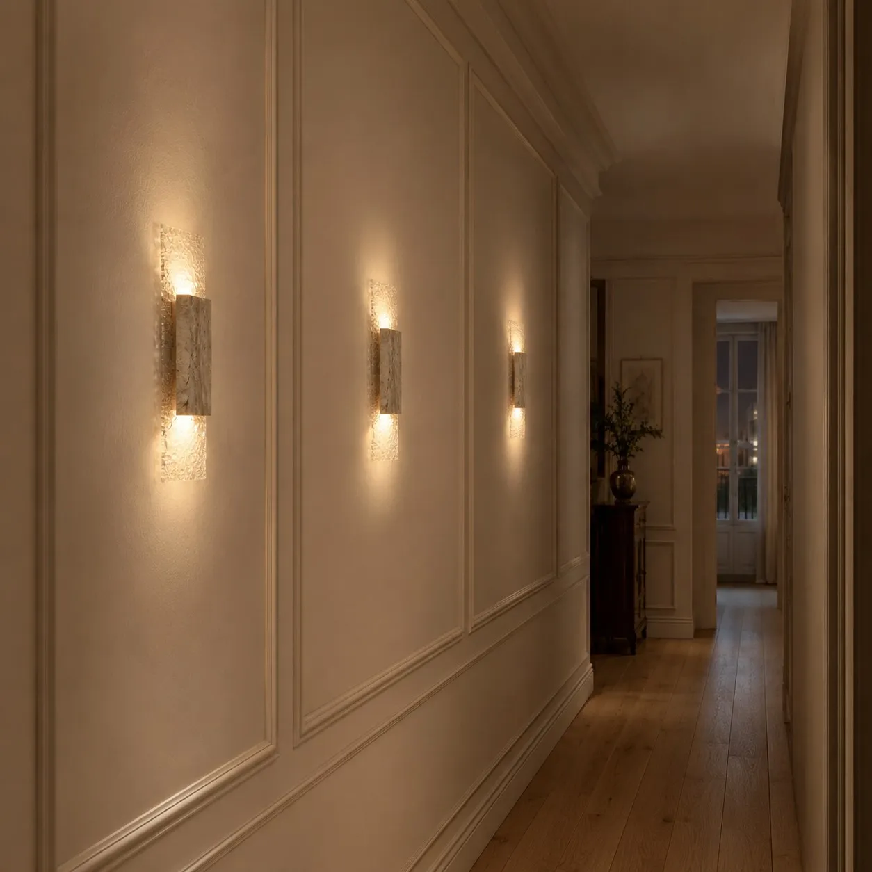 Long hallway three sconces rhythm couloir scene