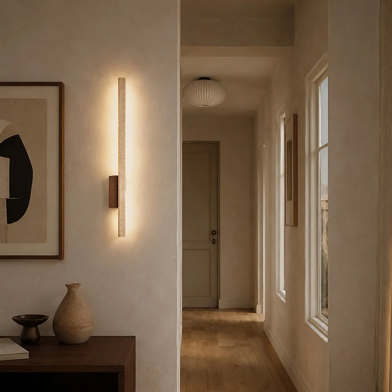 Beige linear travertine wood LED wall light in hallway corridor