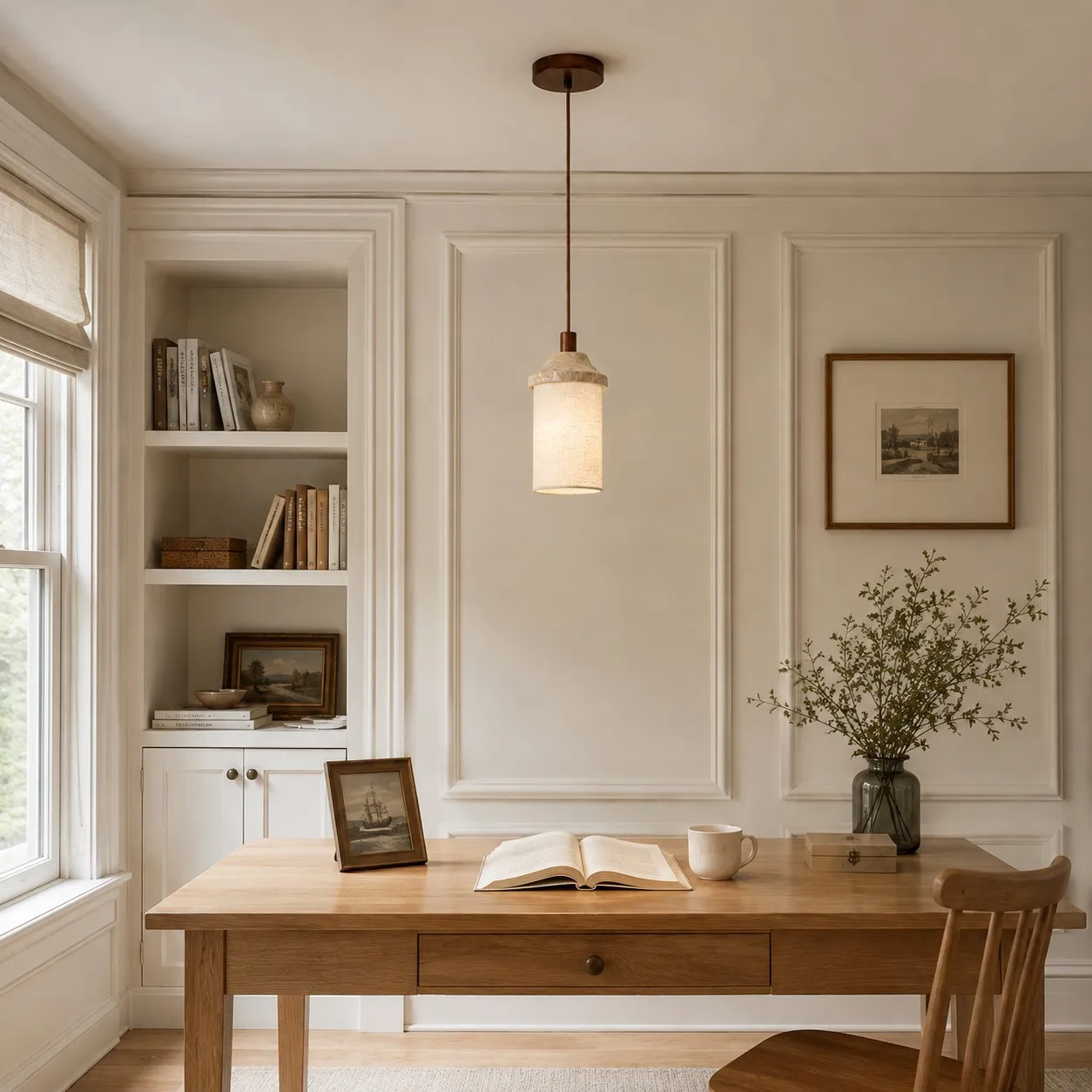 Walnut travertine-style pendant over home office desk