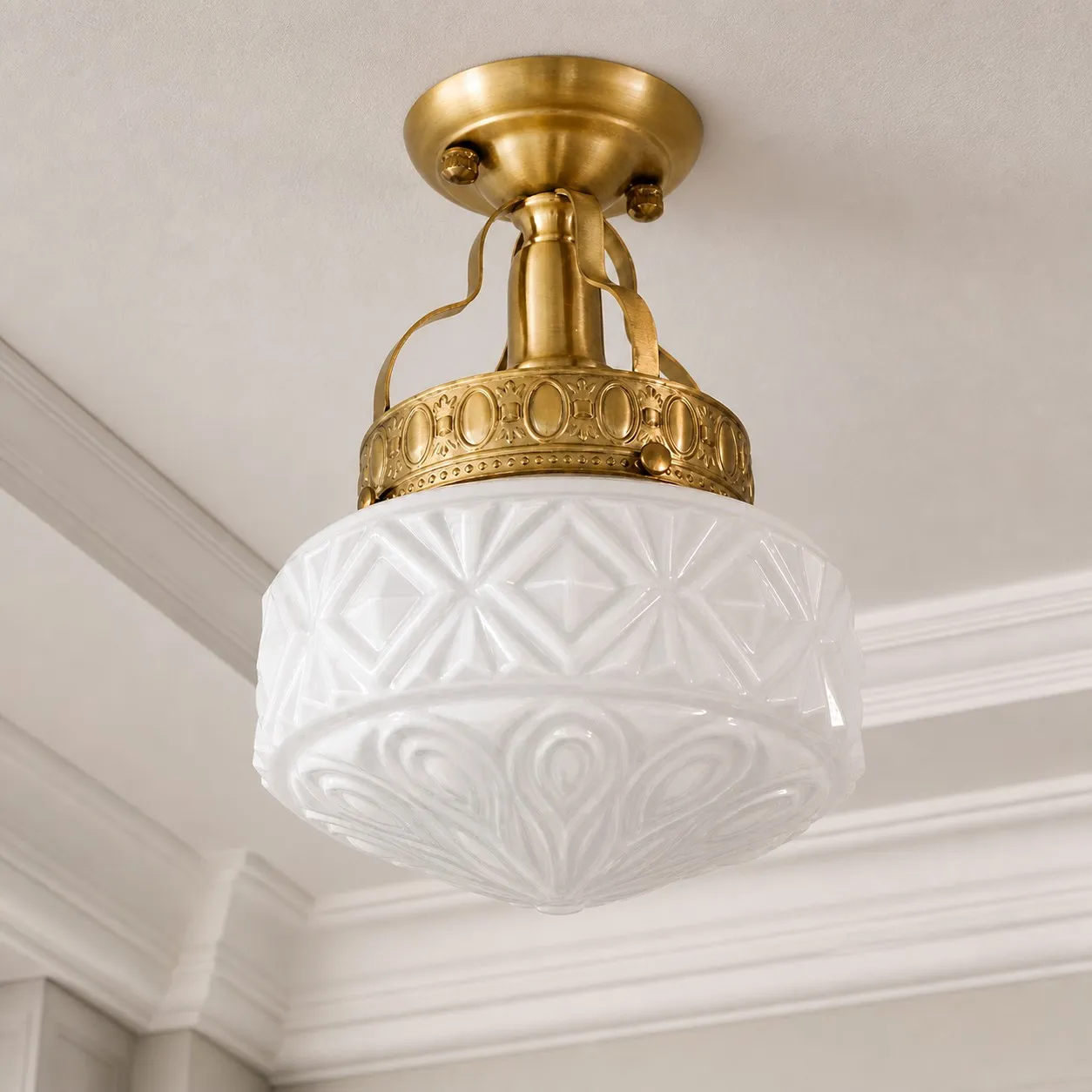 Cream White embossed glass ceiling light against decorative molding