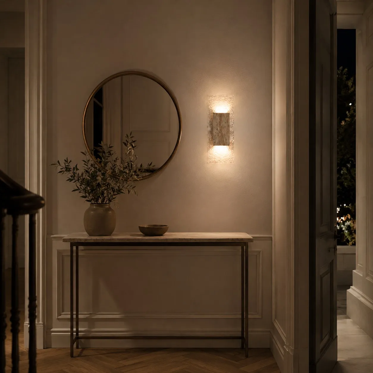 Entry foyer console mirror wall sconce night scene