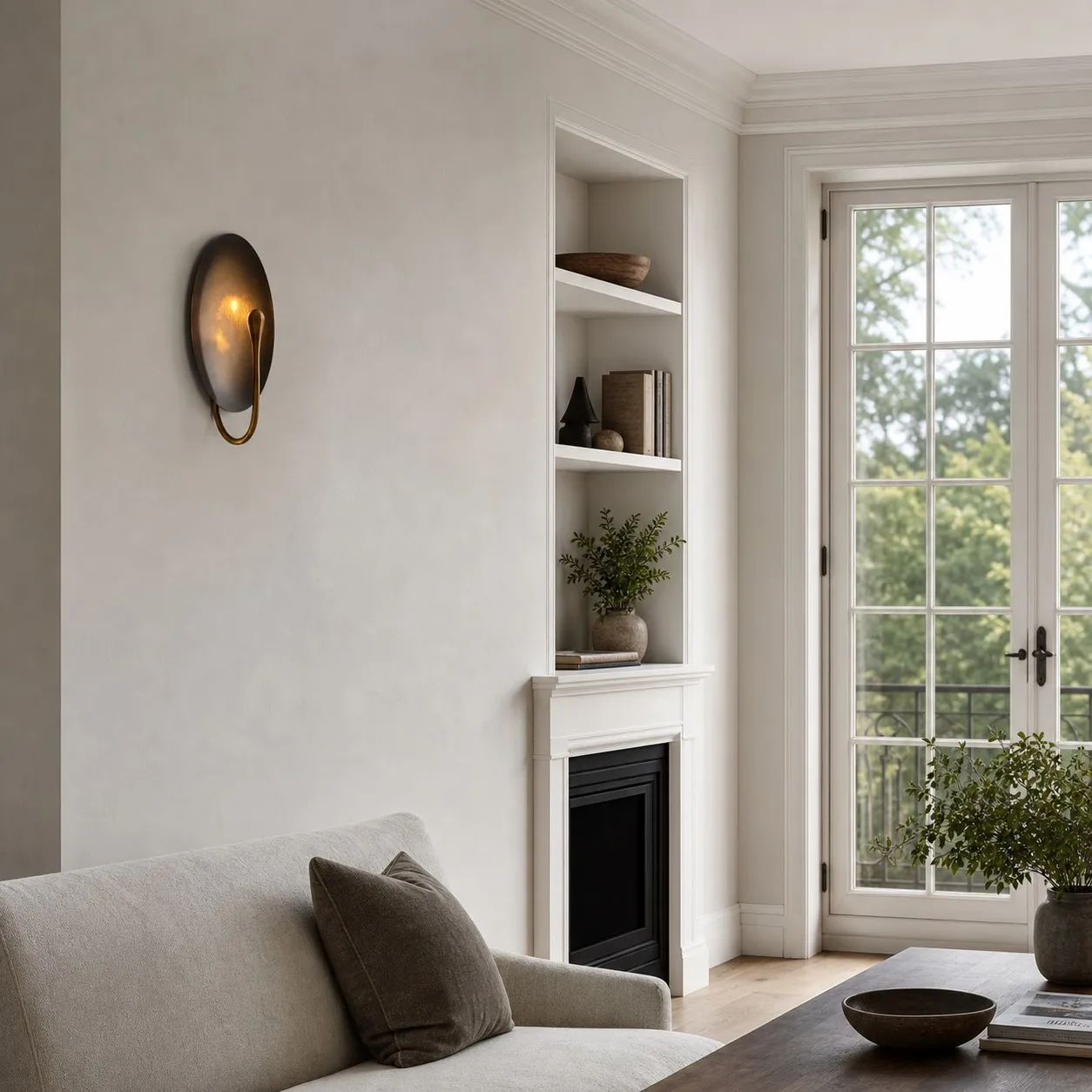 Sculptural wall sconce in a bright living room