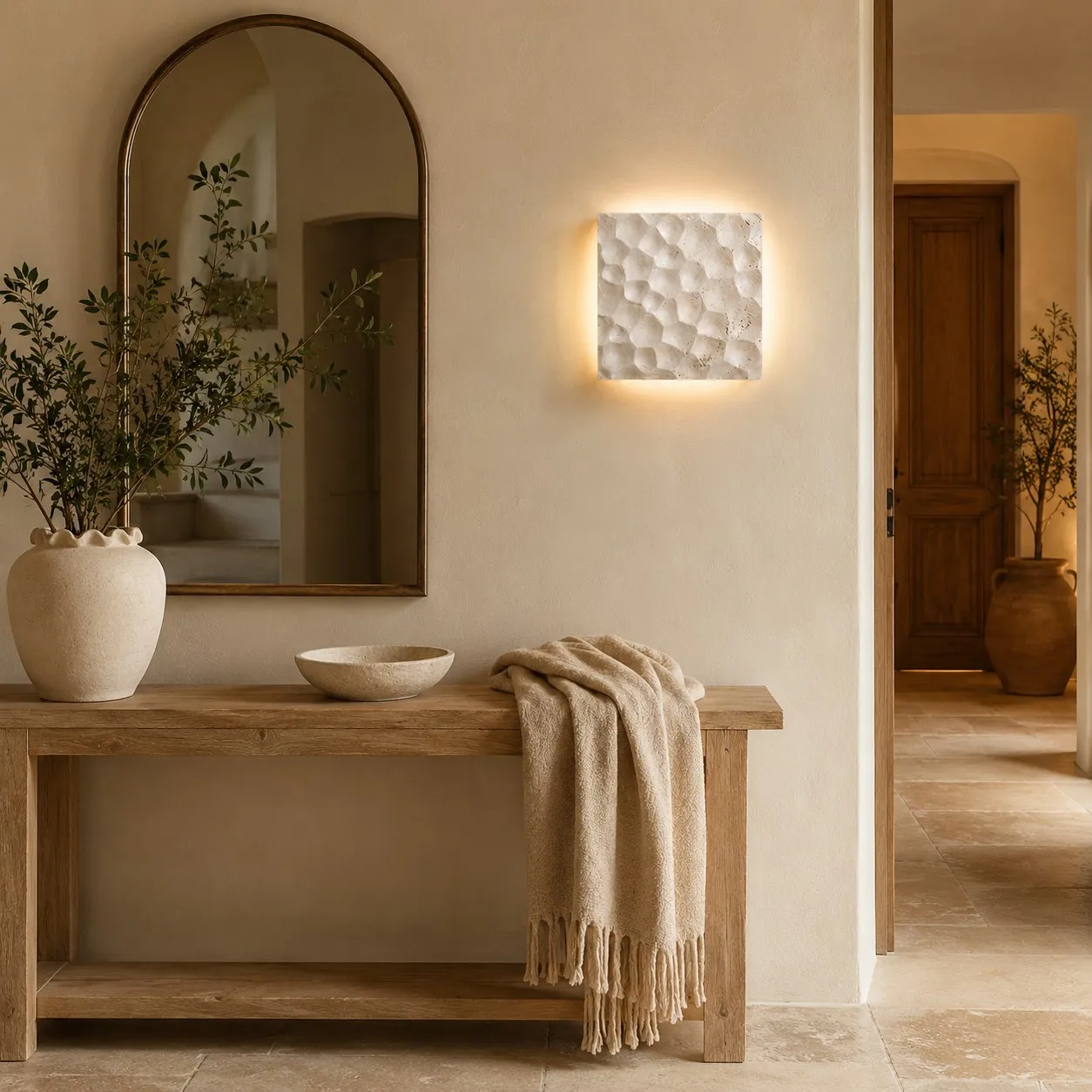 Ivory carved travertine wall sconce in entryway with console