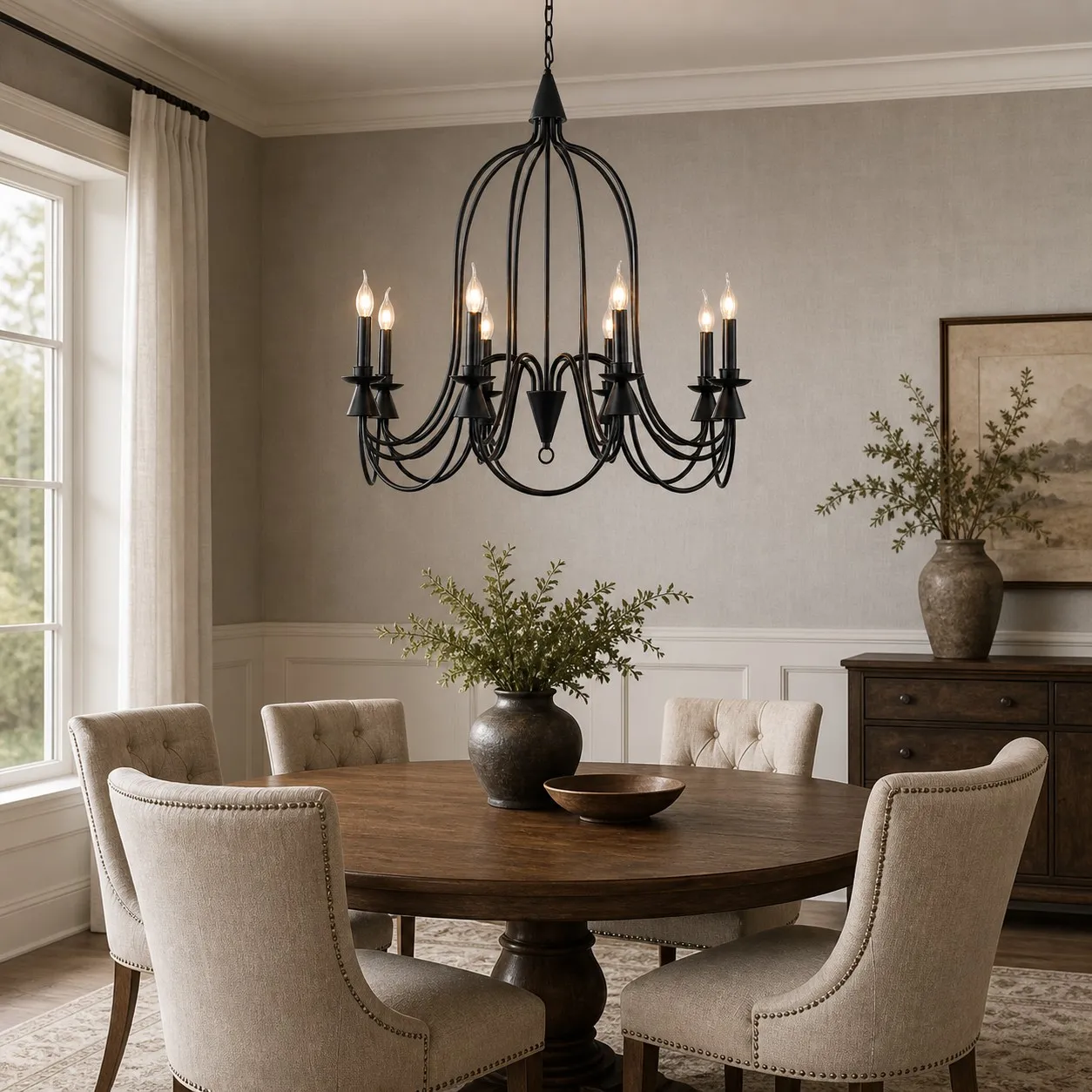 Black eight-light candle chandelier over an oval dining table