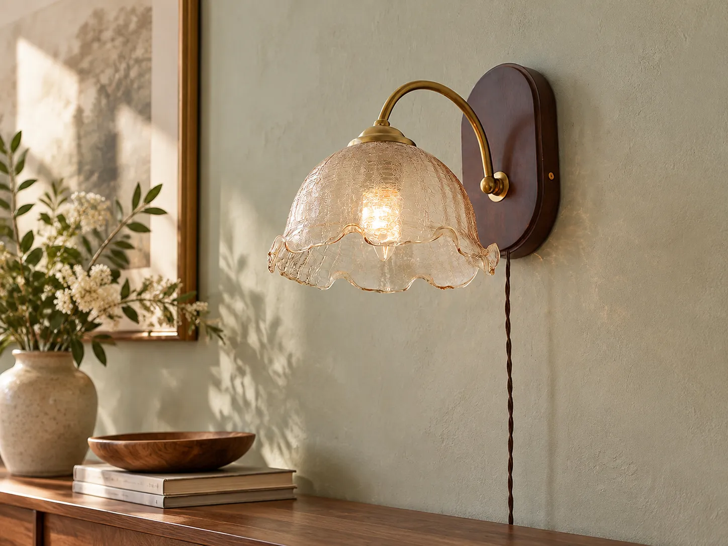 Scalloped Glass and Walnut Plug-In Wall Sconce in a changed-background room scene