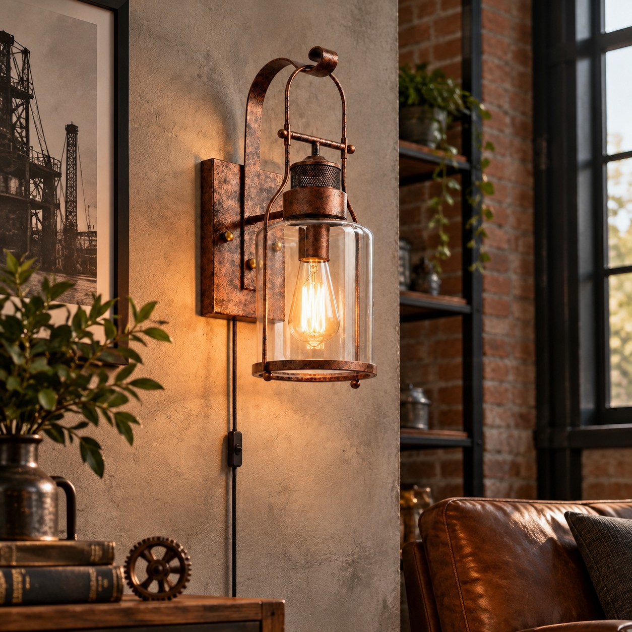 Glass jar wall sconce beside a window