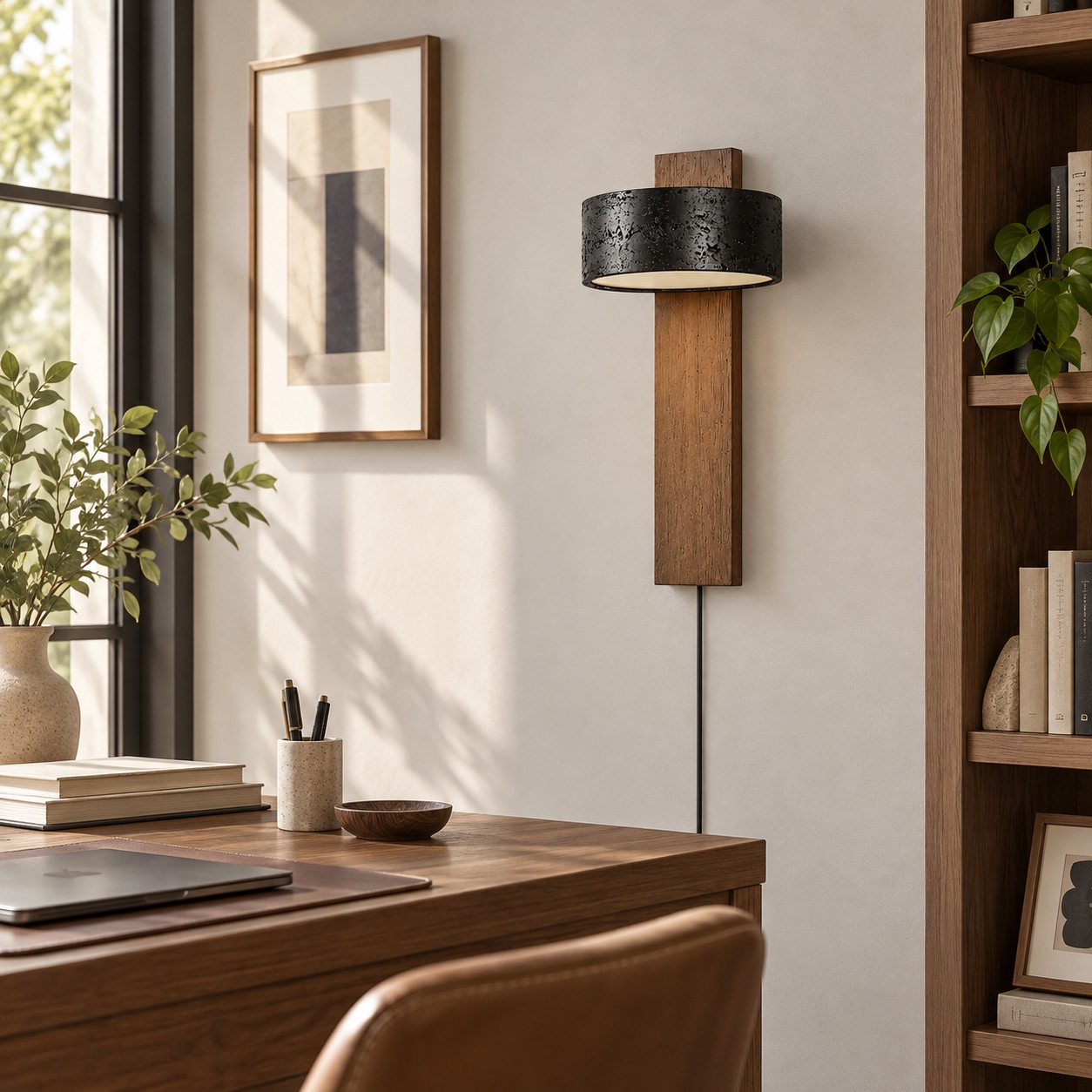 Walnut and black travertine wall sconce in a living room