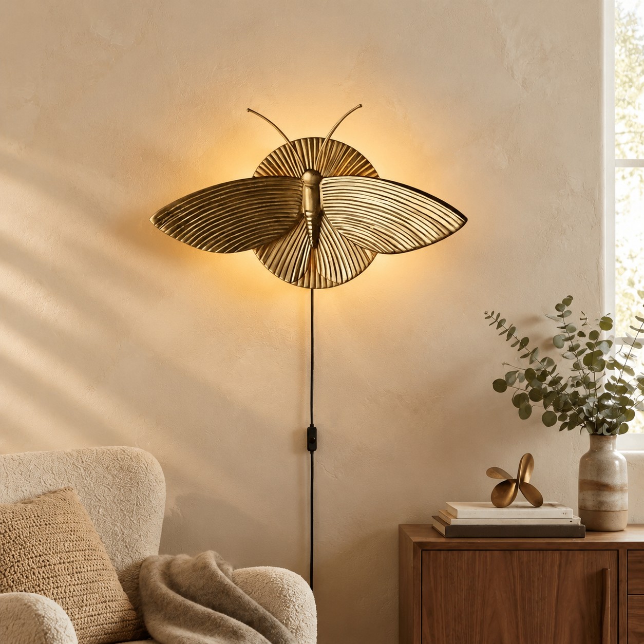 Gold moth wall sconce glowing above a reading chair