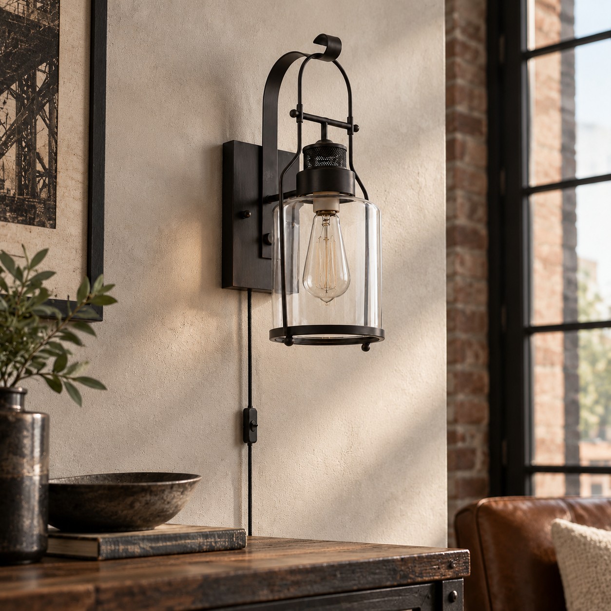 Glass jar wall sconce on a patio wall