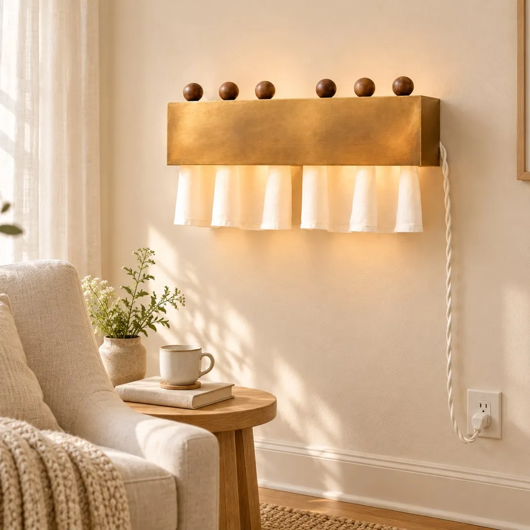 Natural brass plug-cord curtain wall lamp in a bright reading corner