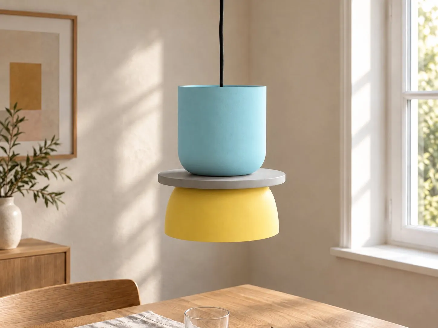 Lichtblauwe en gele hanglamp in een eetkamer