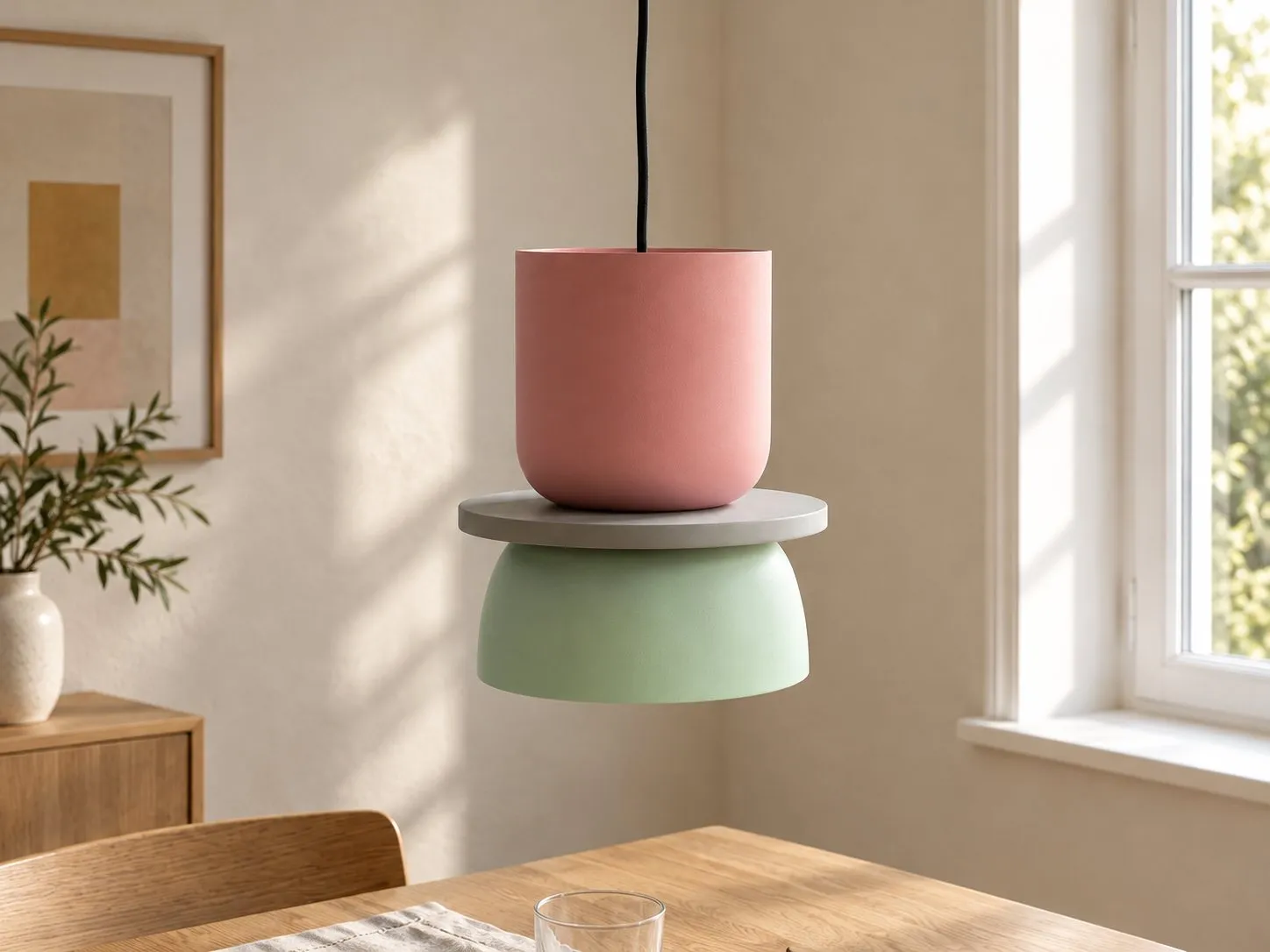 Roze en lichtgroene hanglamp in een eetkamer