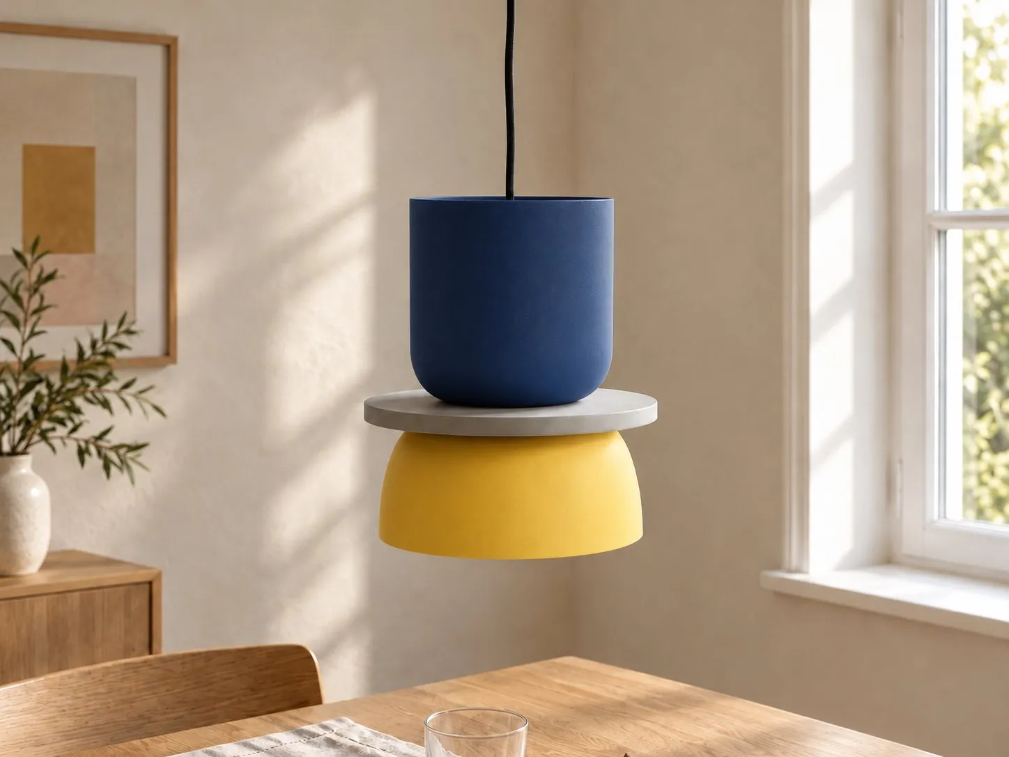 Marine en gele hanglamp in een eetkamer