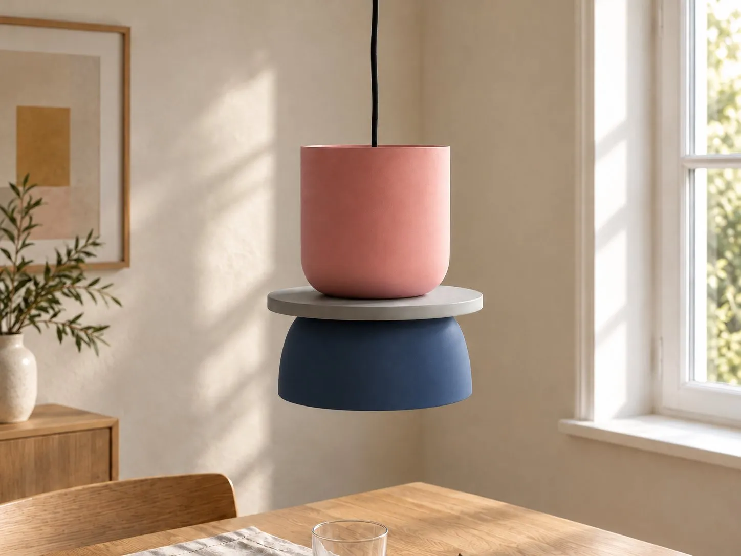 Roze en marineblauwe hanglamp in een eetkamer
