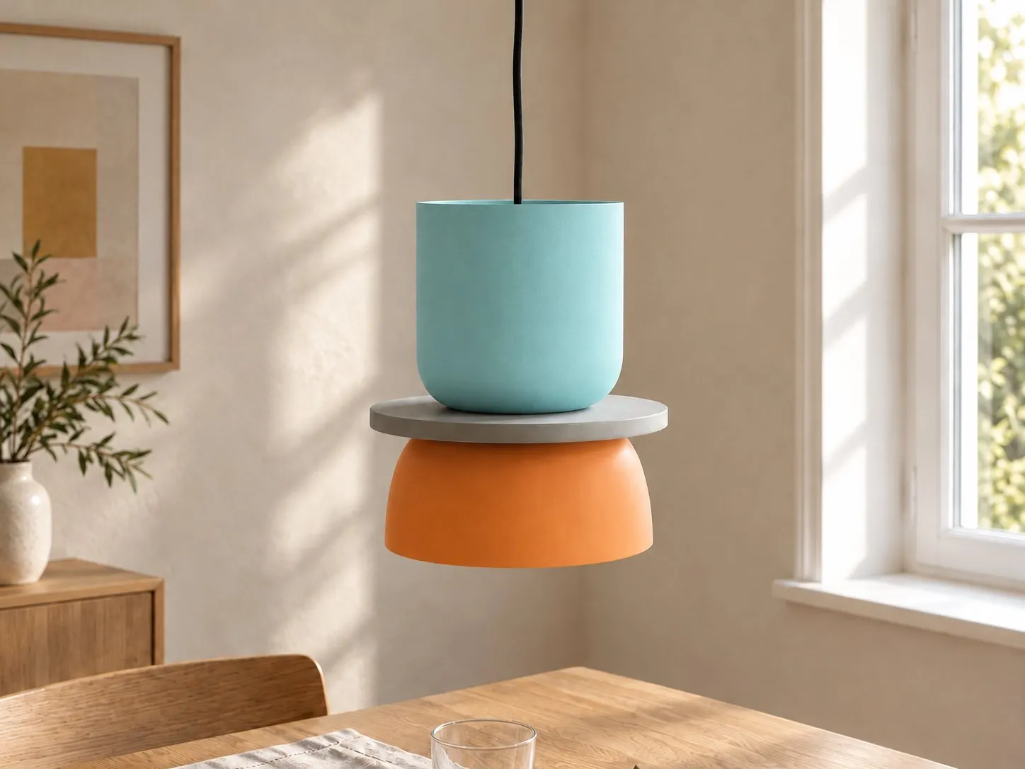 Lichtblauwe en oranje hanglamp in een eetkamer