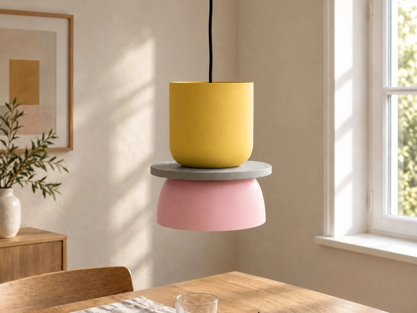 Gele en lichtroze hanglamp in een eetkamer