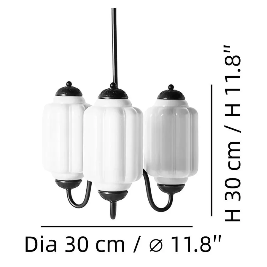 Disegno quotato della sospensione a 3 teste, 30 cm di larghezza per 30 cm di altezza