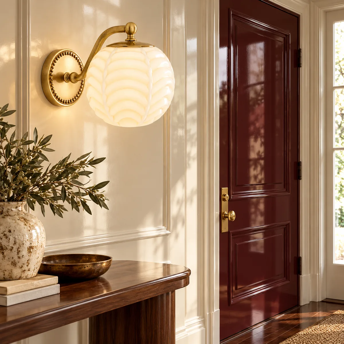 Metal Arm, Beaded Plate, Ribbed Glass Shade