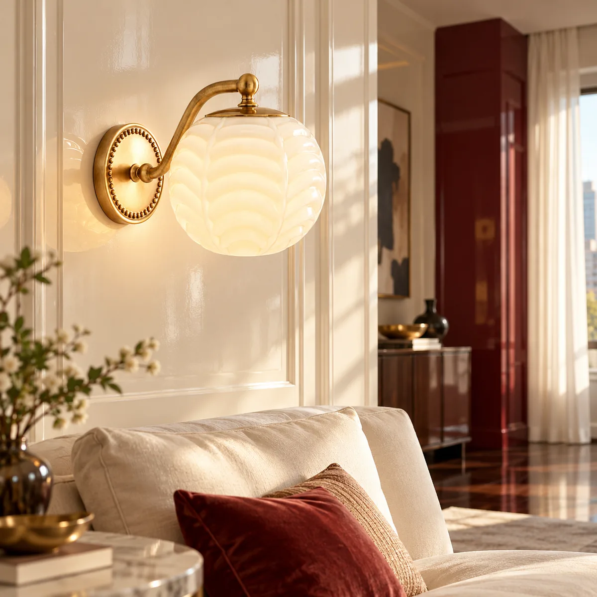 Metal Arm, Beaded Plate, Ribbed Glass Shade