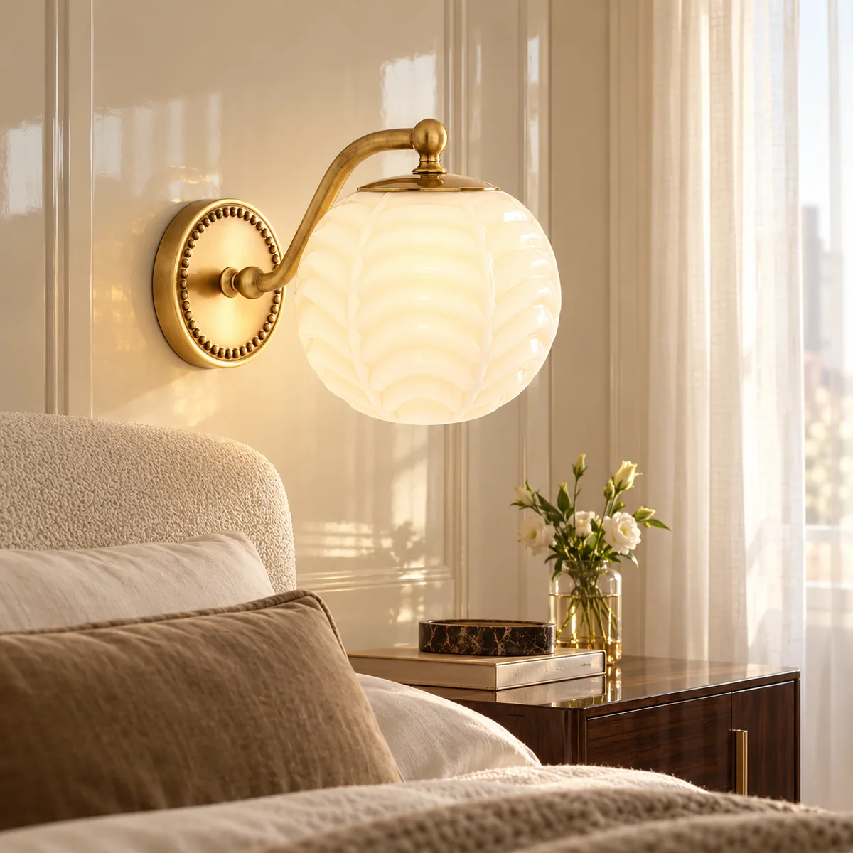 Metal Arm, Beaded Plate, Ribbed Glass Shade