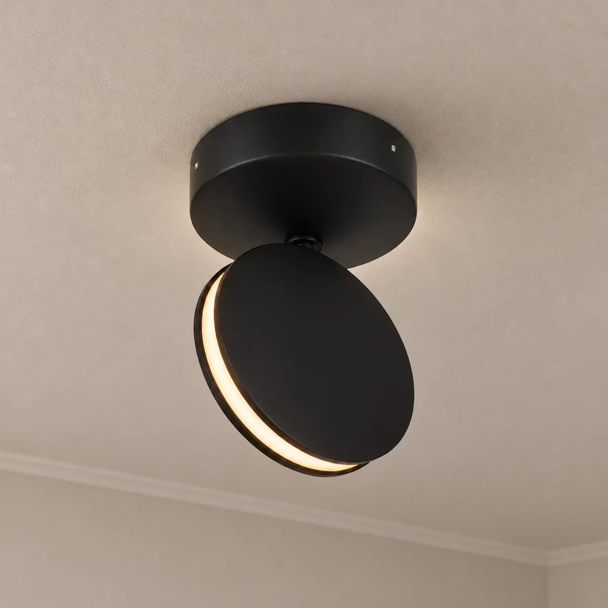 Black aluminium disc LED mounted on the ceiling