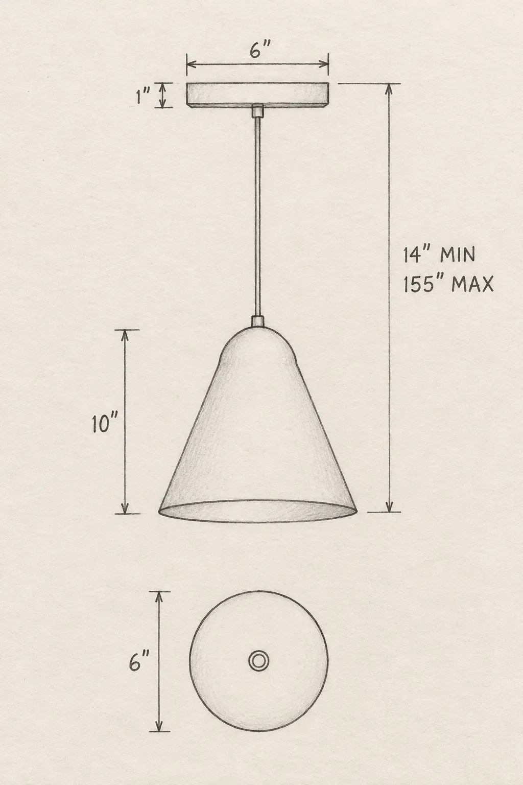 Hand-drawn dimensions: canopy 6 by 1 inches, shade 10 inches high and 6 inches wide, suspension 14 to 155 inches