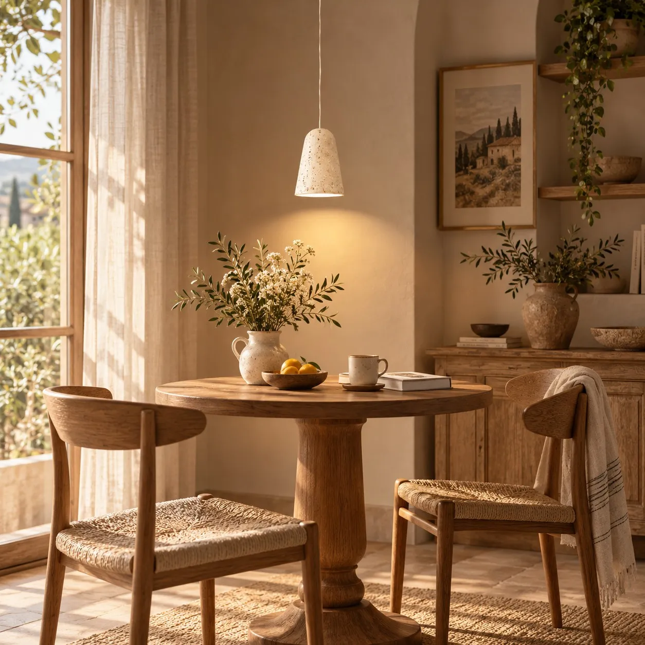 Yellow travertine pendant over a dining table