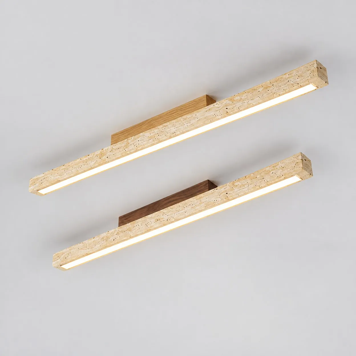 Linear travertine ceiling light, oak and walnut, gray background