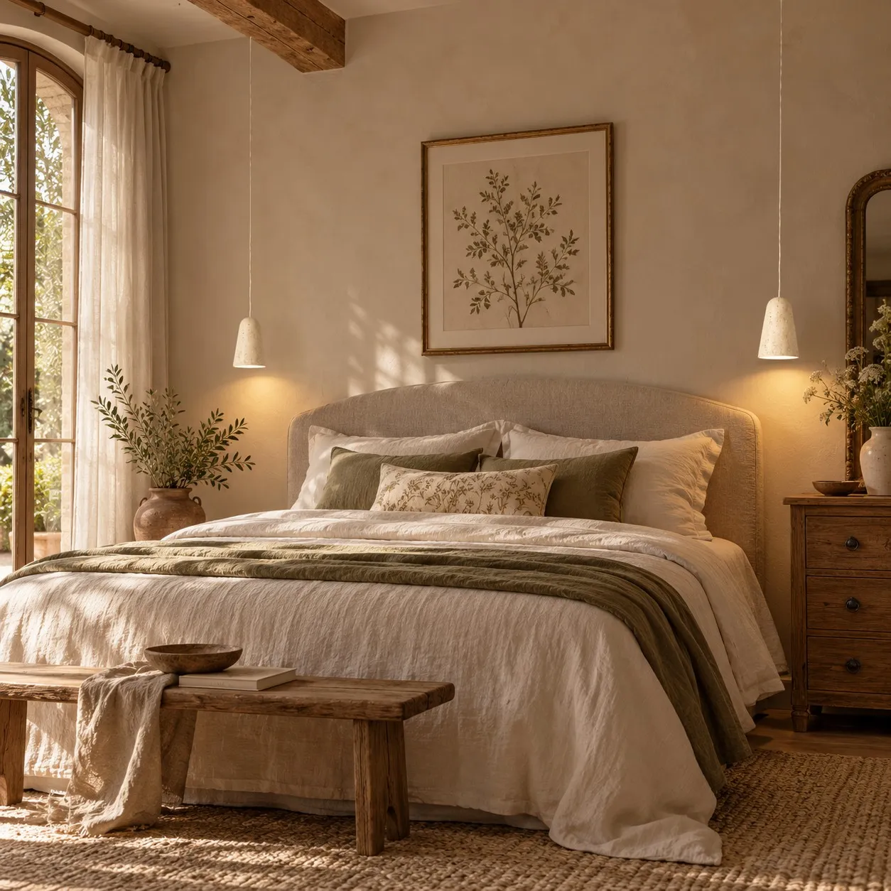 Yellow travertine pendants over a bed