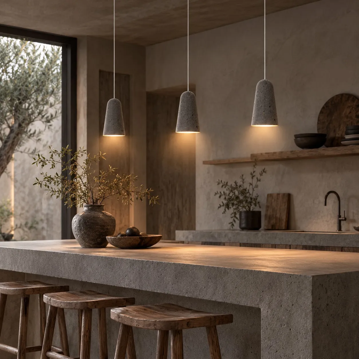 Black travertine pendants over a kitchen island