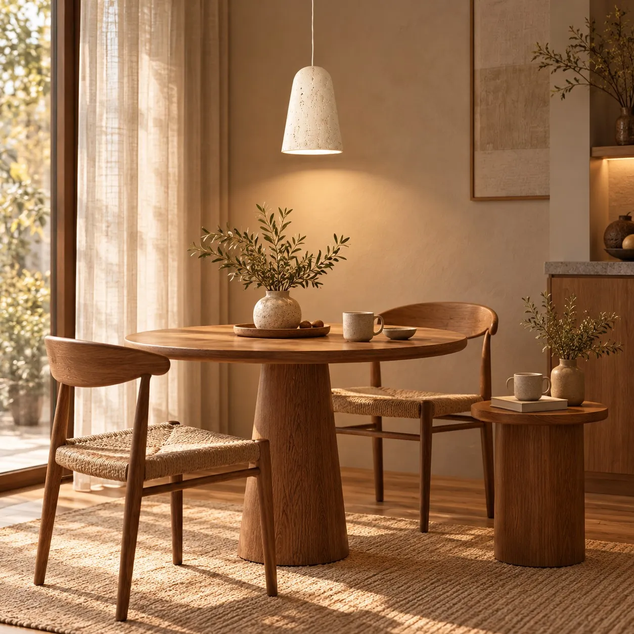 Yellow travertine pendant in a dining nook
