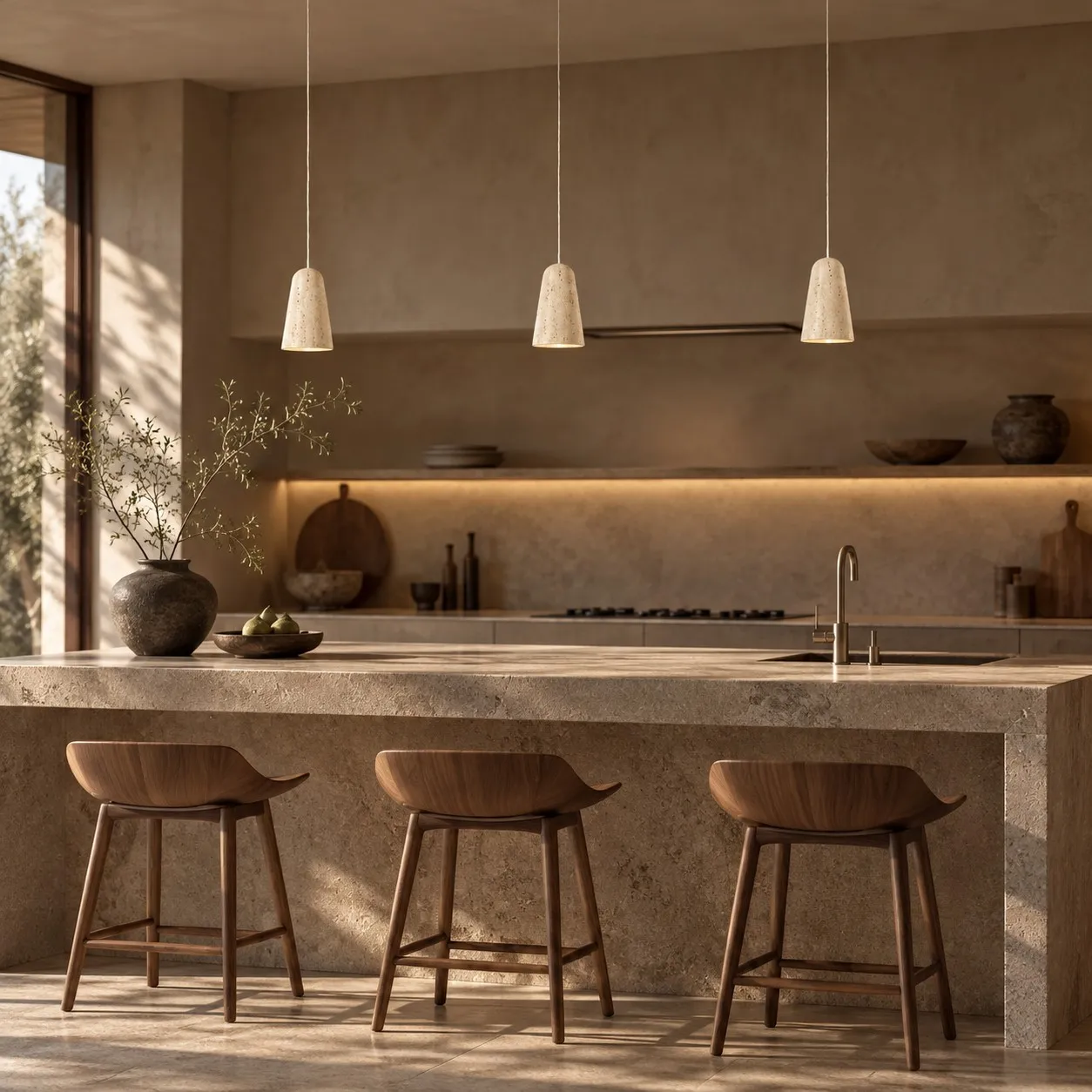 Yellow travertine pendants over a kitchen island