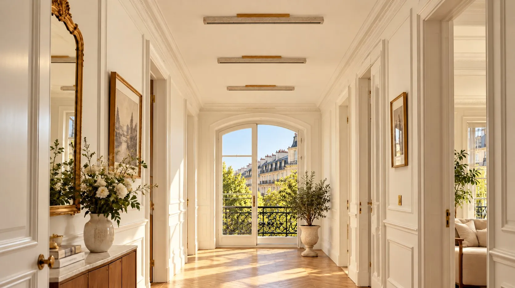 Daytime hallway, stone ceiling lights off