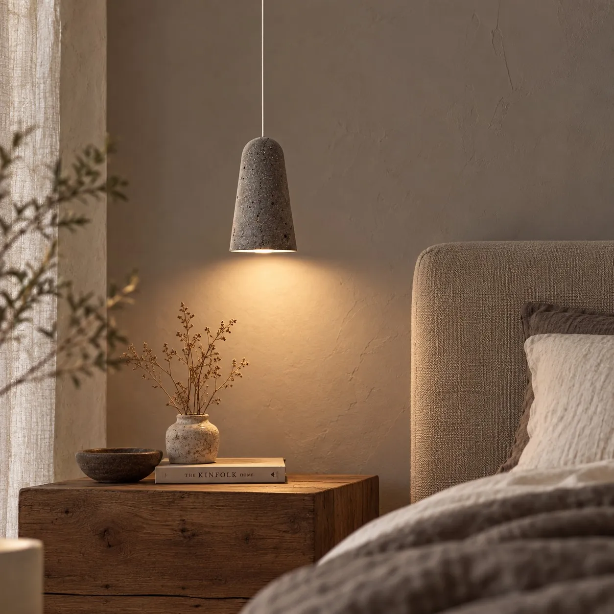 Black travertine pendant beside a bed