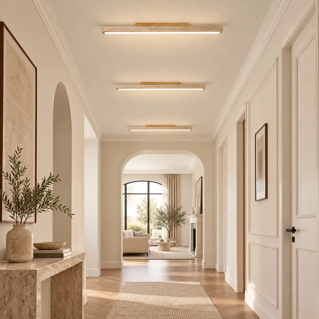 Hallway with three stone linear ceiling lights