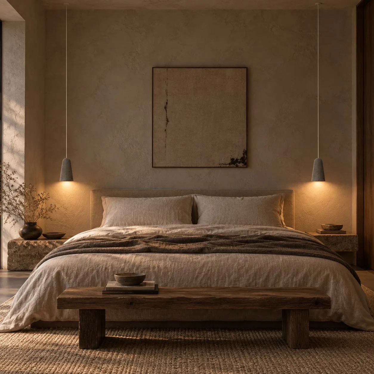 Black travertine pendants over a bed
