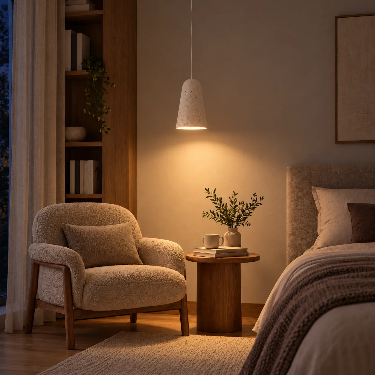 Yellow travertine pendant at night, light on