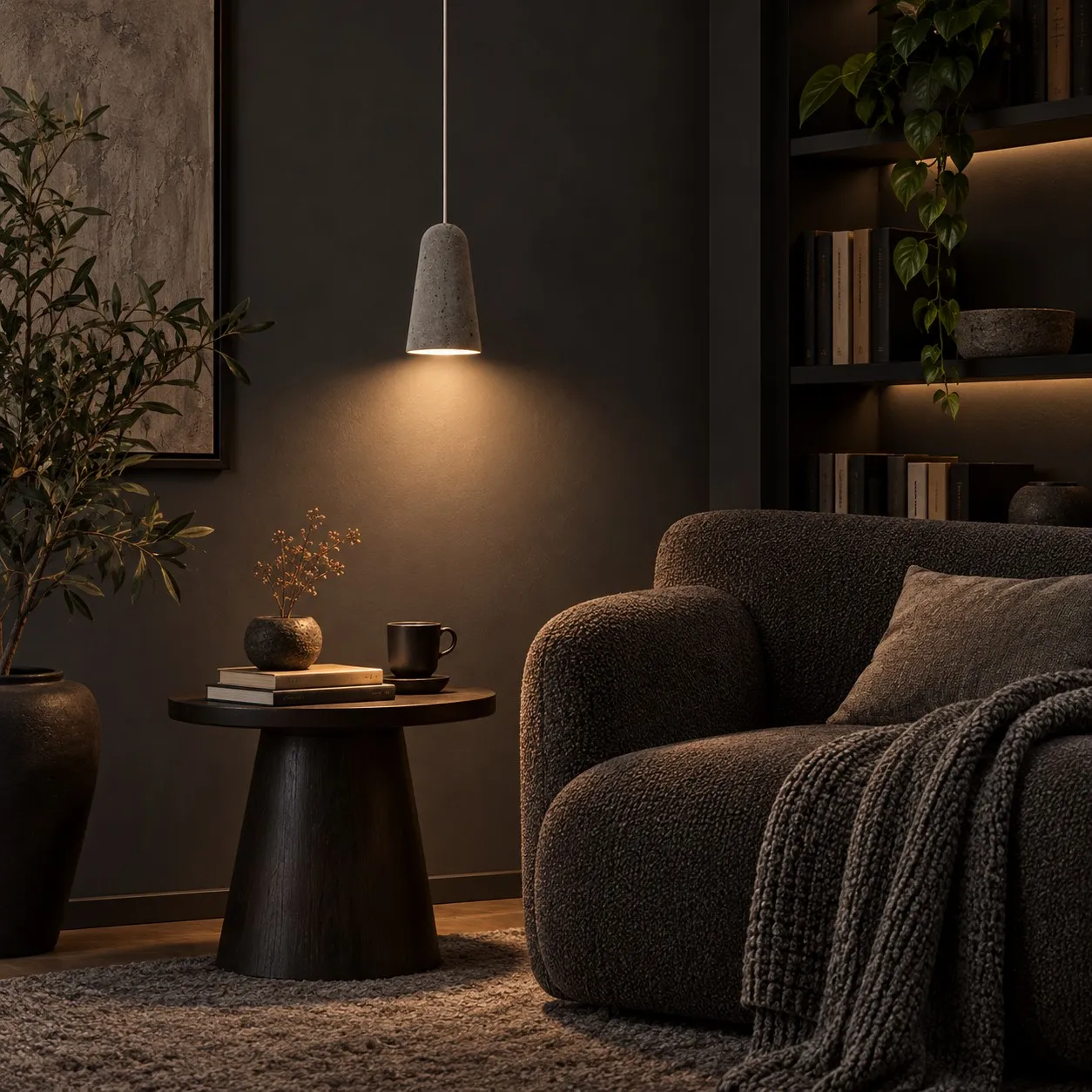Black travertine pendant in a living room