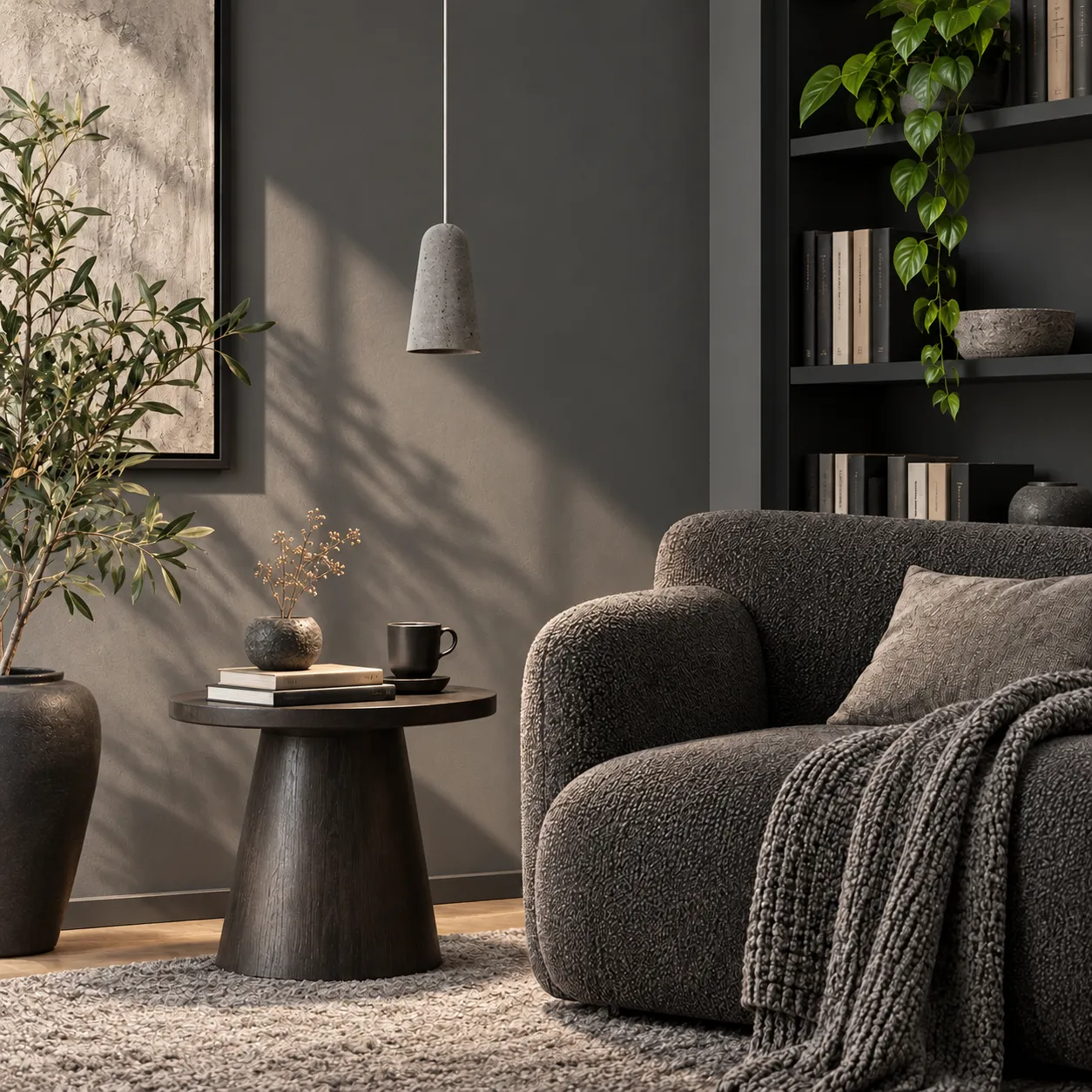 Black travertine pendant in daylight, light off