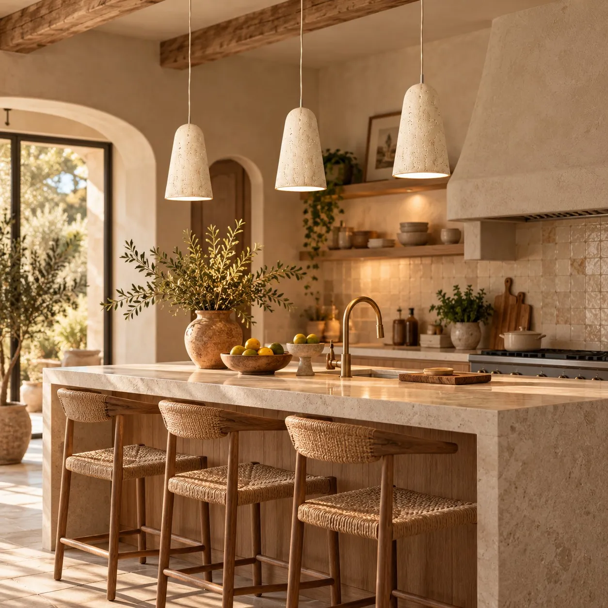 Yellow travertine pendants in a kitchen